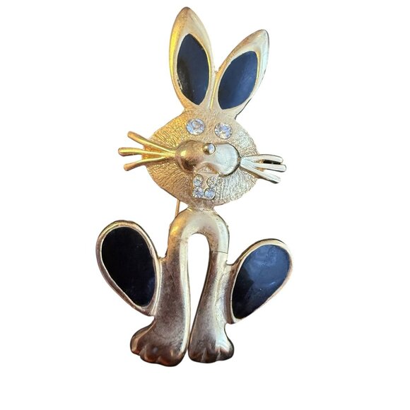Vintage Gold-Tone Bunny Brooch With Black Enamel & Rhinestone Accents - Picture 3 of 3